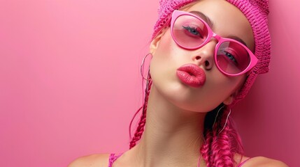 Fototapeta premium a woman with pink glasses and a pink hat