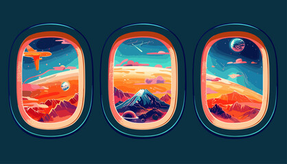 Hand drawn Vector illustration. View through the porthole of aircraft. Various skyscapes through portholes. Airplane windows set. Mountain, space, planets, clouds and wings. Travel, journey concept. 