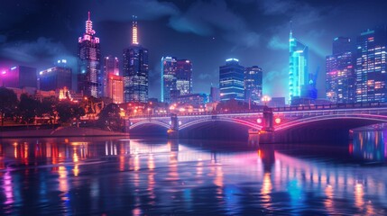 A vibrant cityscape at night with a bridge illuminated by neon lights, adding a dynamic element to the urban skyline and reflecting in the shimmering river below