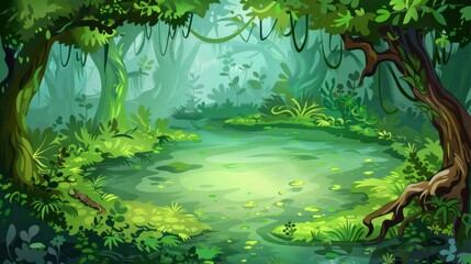 A captivating illustration showcasing a magical forest scene with a tranquil pond surrounded by lush vegetation and mystical ambiance