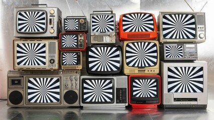 vintage and retro televisions made into a tv wall with spirals on the screen