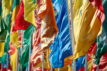 A sea of colorful flags waving at a campaign event 