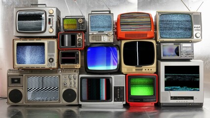 vintage and retro televisions made into a tv wall with static and glitch on the screen