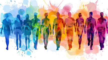 Fototapeta premium Colorful low-poly art silhouettes of moving diverse people