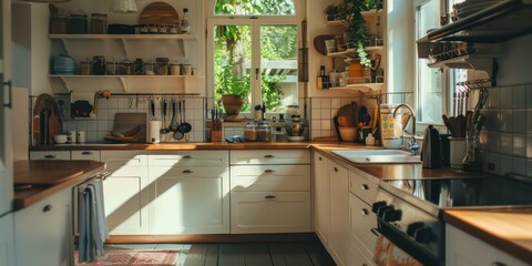 This image showcases a well-lit traditional kitchen with wooden cabinets and a cozy, inviting atmosphere