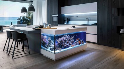 kitchen island with a built-in aquarium, where colorful fish swim beneath the surface, adding life to culinary creations.