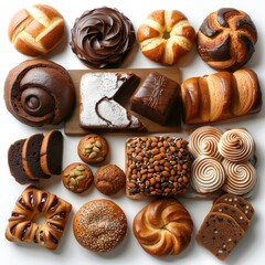 bakery items arranged presentation isolated on white background , very realistic and professional