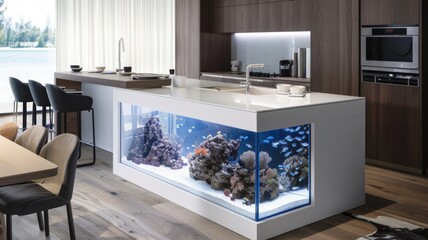 kitchen island with a built-in aquarium, where colorful fish swim beneath the surface, adding life to culinary creations.
