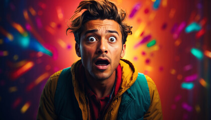 Surprised shocked young man on bright colorful background