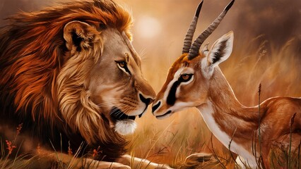 A Majestic Lion and Graceful Antelope Sharing a Moment of Close Encounter Amidst the Wild Grasslands Illuminated by the Golden Hue of the Setting Sun