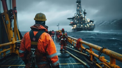 The image highlights offshore workers in bright orange safety gear on an oil rig with a stormy sea in the background