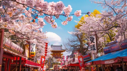 Obraz premium A vibrant street festival celebrating the sakura season, with colorful floats and lively performances under a canopy of blossoms.