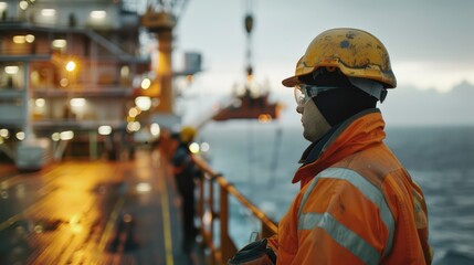 The image captures an oil rig worker watching the seas with the rig in the background as dusk falls