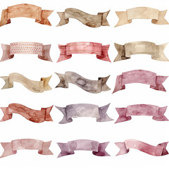 Watercolor Set of cute ribbon banner Clipart in a neutral palette with fine details, soft and dreamy on white background. Perfect for invitations, labels, and decorative elements.