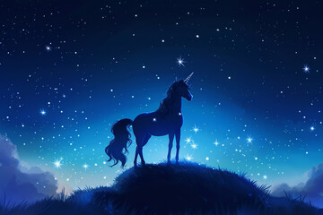 A silhouette of a unicorn with stars cascading from its mane standing atop a hill  