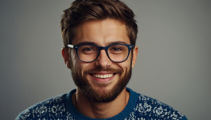 Smiling Young handsome man with beard and glasses wearing casual sweater on grey background - Powered by Adobe