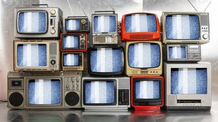 vintage and retro televisions made into a tv wall with static and glitch on the screen - 800583713