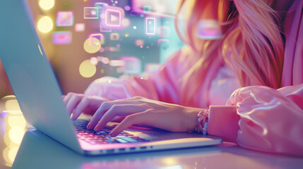 Digital Content Creator Working on Laptop with Virtual Interface Icons