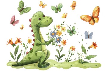 Naklejka premium A dinosaur is holding a bouquet of flowers and surrounded by butterflies. The scene is whimsical and playful