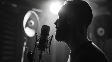 A vocalist recording in a professional studio, microphone in hand, capturing the raw emotion of their performance in crystal-clear quality - obrazy, fototapety, plakaty