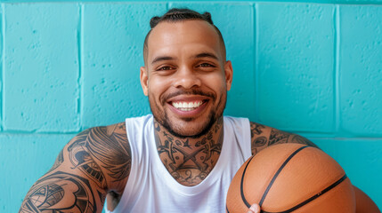 Cheerful Basketball Player with Tattoos Posing with Ball Against Blue Wall