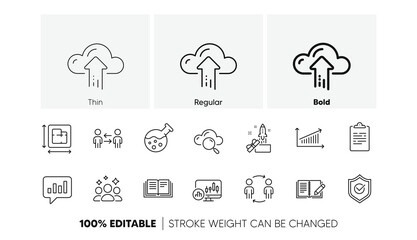 Squad, Feedback and Chart line icons. Pack of Teamwork business, Innovation, Cloud upload icon. Approved shield, Cloud computing, Floor plan pictogram. Education, Analytical chat. Line icons. Vector
