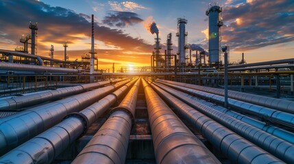 Crude gas and oil pipes of refinery plant or petrochemical industry. Scenery of steel tube lines and sky. Concept of energy, power.  - Powered by Adobe