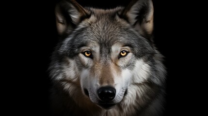Fototapeta premium Portrait of adult wolf on black background.