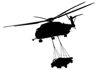 Silhouette of a US military helicopter transporting two vehicles. Delivery of military equipment by air using a cargo helicopter. Preparing for offensive actions of Pichotinians during the war.