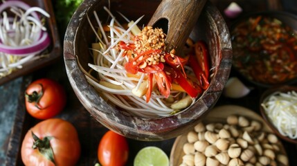 Fototapeta premium A wooden mortar and pestle filled with ingredients for som tam, ready to be transformed into a flavorful salad.