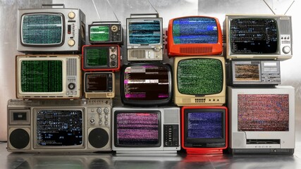 vintage and retro televisions made into a tv wall with static and glitch on the screen - 800584569