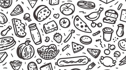 clipart of products from a food basic basket, black contour on a white background