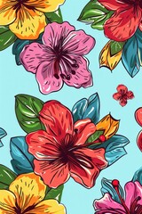 An illustrated seamless pattern featuring bright hibiscus flowers in a variety of colors on a turquoise backdrop