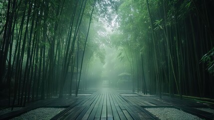 A captivating image of a serene pathway through a lush bamboo forest, with a mystical mist adding to the scene's tranquility