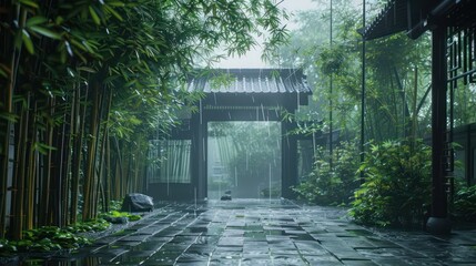 Amidst the greenery of an exquisite bamboo garden, a traditional Japanese pavilion stands, exuding...