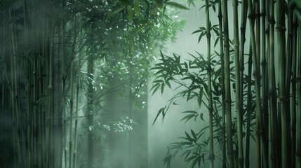 A lush and dense bamboo grove is softly illuminated by the filtered sunlight, casting a dreamy ambiance throughout the natural scene