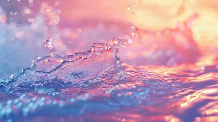 A high-resolution image capturing the dynamic movement of water splashes against a backdrop of warm sunset hues, emphasizing the beauty of nature's elements