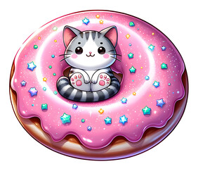 Charming Gray and White Kitten Nestled in a Pink Frosted Donut Sprinkled with Colorful Stars