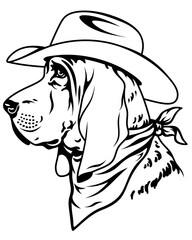 Black and white illustration of a dog wearing a cowboy hat. Hand drawn cowboy hunting dog. A domestic animal, a loyal friend of man. Pet.