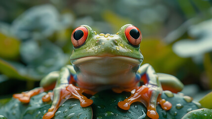 Closeup of very nice green and red frog, nature photography 