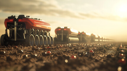 An intriguing image depicting a team of robotic seeders working together in a synchronized manner to sow a field, with each machine equipped with sensors and AI algorithms to optim