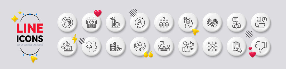 Person info, Luggage belt and Dislike hand line icons. White buttons 3d icons. Pack of Online question, Inventory, Networking icon. Do not touch, Checklist, Support service pictogram. Vector