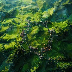 background of an idyllic small village in the middle of a green field, bird's eye view