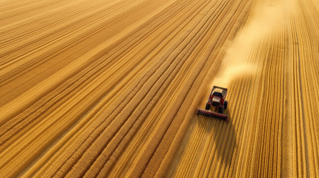 A panoramic aerial photograph capturing the vast expanse of a wheat field as a combine harvester moves systematically through the rows, with the golden stalks being swiftly cut and