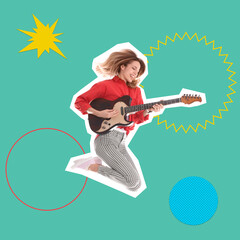 Pop art poster. Young woman jumping while playing guitar on bright background, pin up style