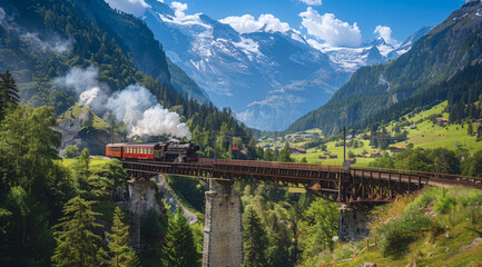 A train is traveling over a bridge in the mountains in swiss alps