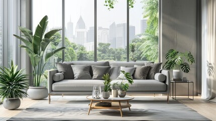 Interior design of living room with grey sofa and wooden coffee table. Generated AI image