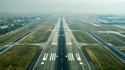 Fototapeta premium An aerial view of a busy airport runway with planes taxiing for takeoff, capturing the dynamic energy of air travel.