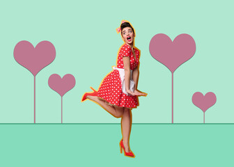 Pop art poster. Young housewife on turquoise background with hearts, pin up style