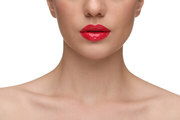 Woman with bright lip gloss on white background, closeup